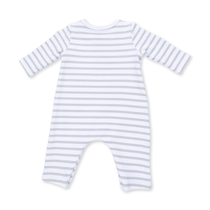 A baby long-sleeve footless romper with horizontal light gray and white stripes, shown flat on a white background.