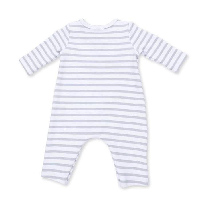 A baby long-sleeve footless romper with horizontal light gray and white stripes, shown flat on a white background.