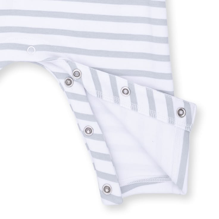 White baby romper with gray stripes on a white background