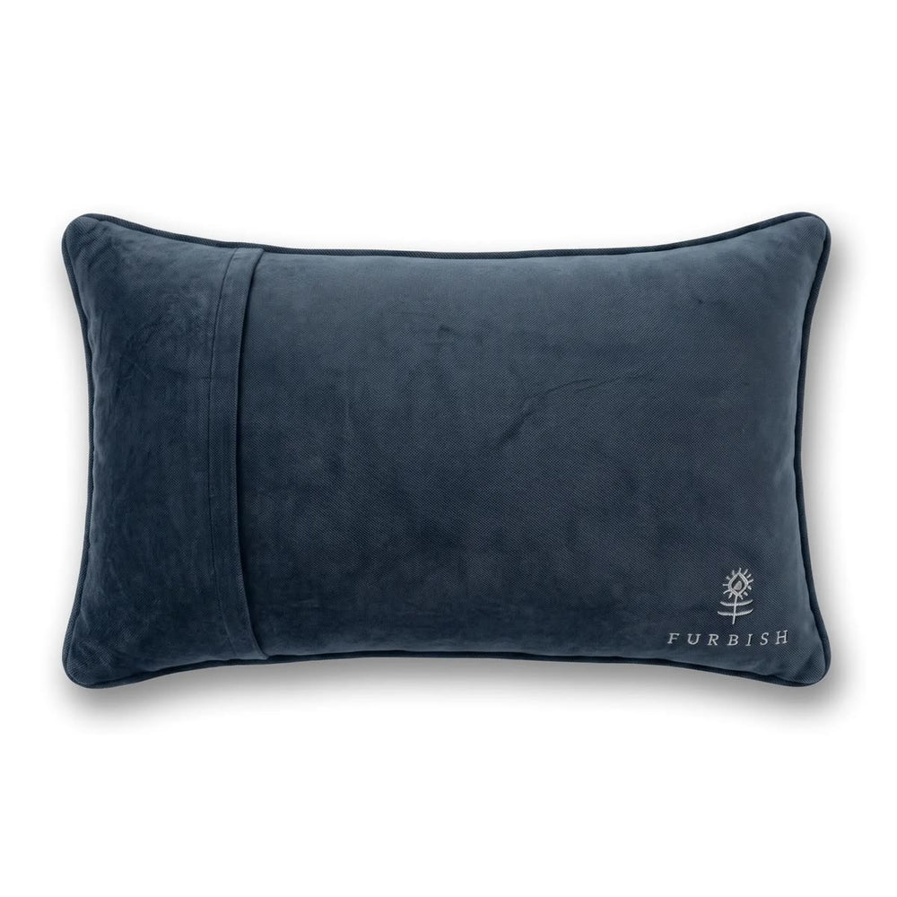 A dark navy blue velvet lumbar pillow with a vertical channel detail on the left side and a small white embroidered 'FURBISH' logo on the bottom right, shown on a clean white background.
