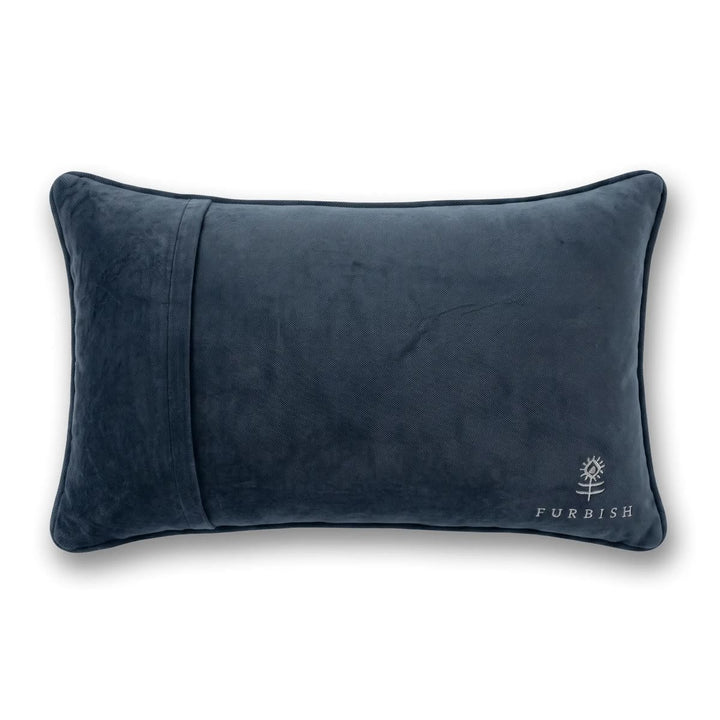 A dark navy blue velvet lumbar pillow with a vertical channel detail on the left side and a small white embroidered 'FURBISH' logo on the bottom right, shown on a clean white background.