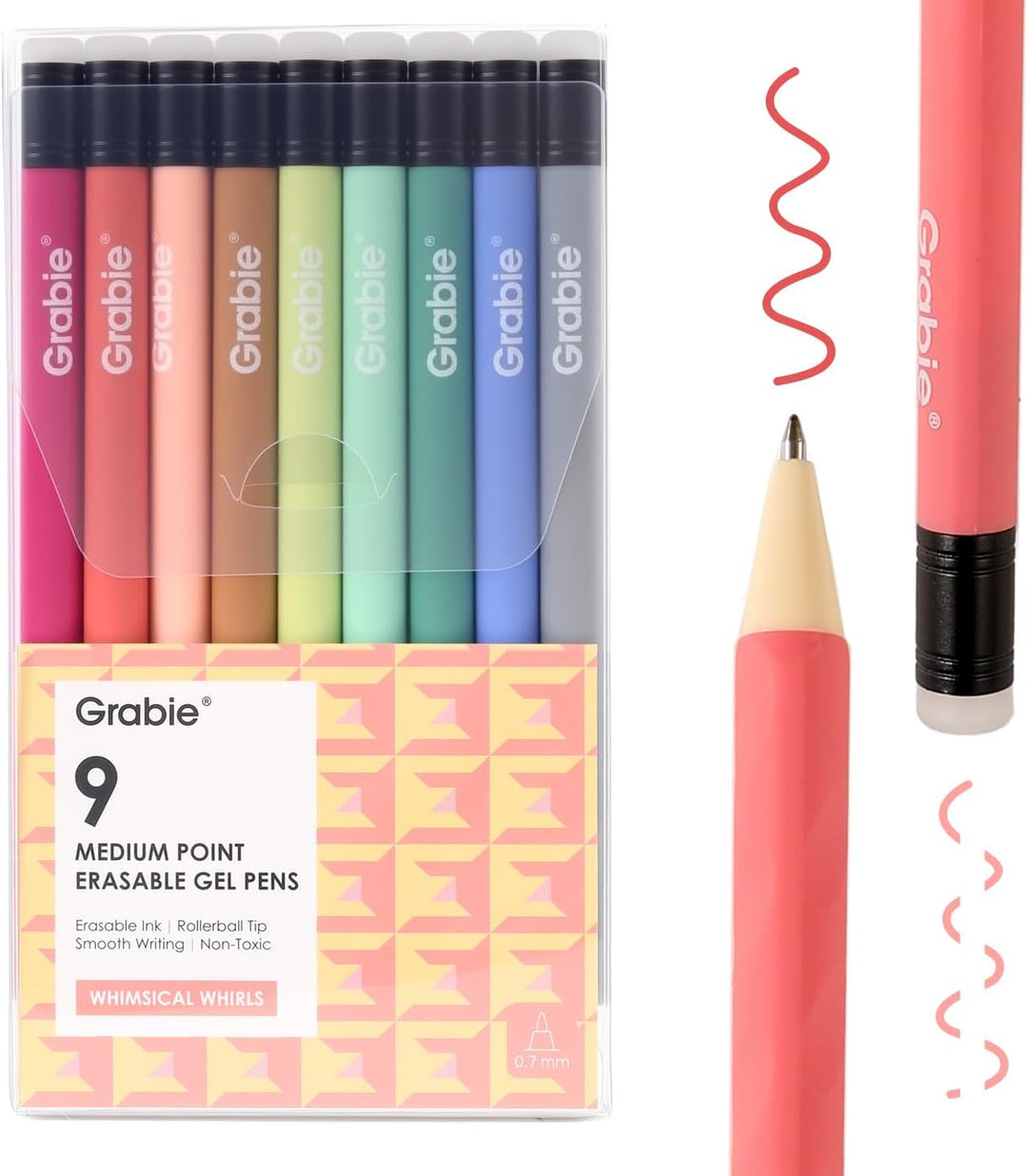 Set of colorful Grable erasable gel pens with a pink pen displayed outside the packaging.