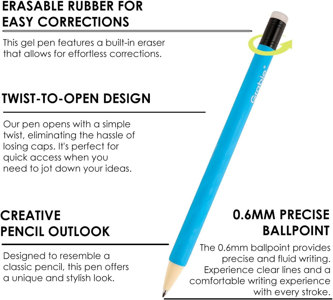 Blue gel pen with built-in eraser and features listed on a white background