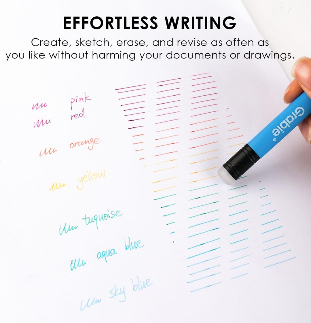 Blue marker writing on a piece of paper with text about effortless writing.