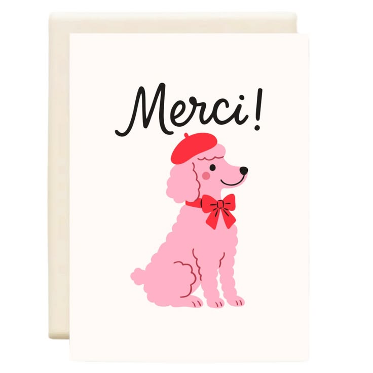 Illustration of a pink dog with a red bow and beret, accompanied by the word 'Merci!' on a white background.