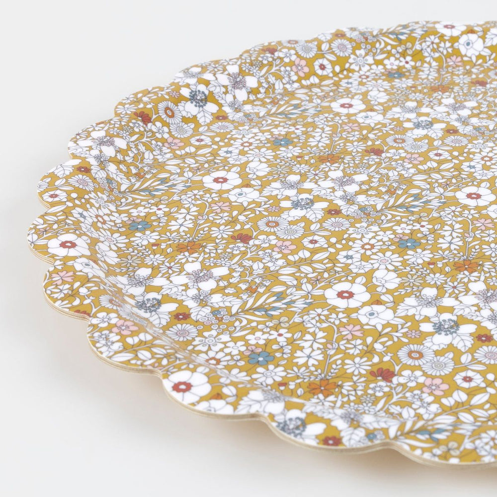 Floral-patterned paper plate on a white background