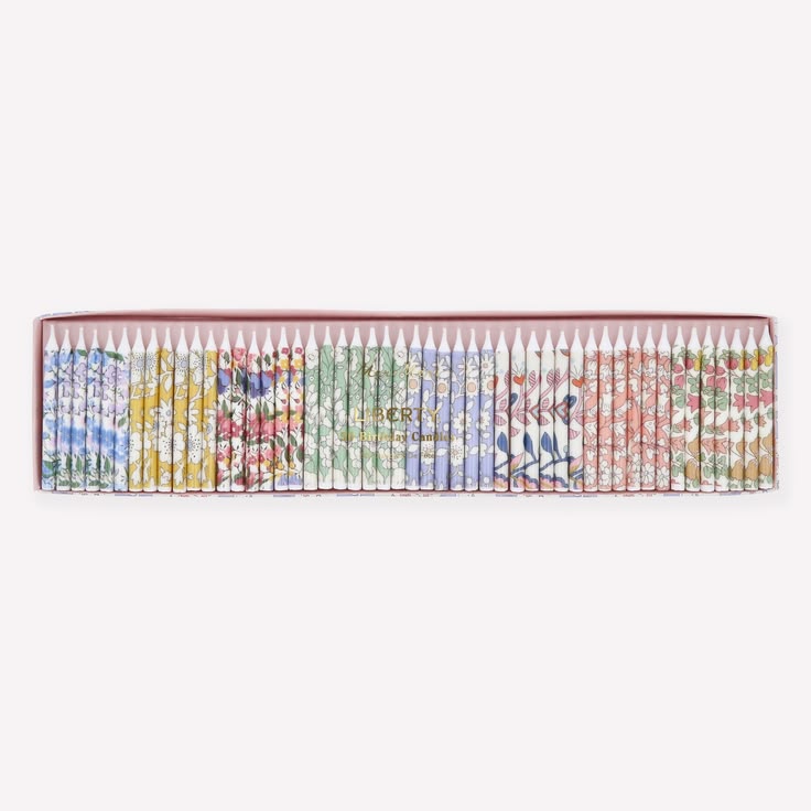 Set of colorful pencils in a decorative case on a white background