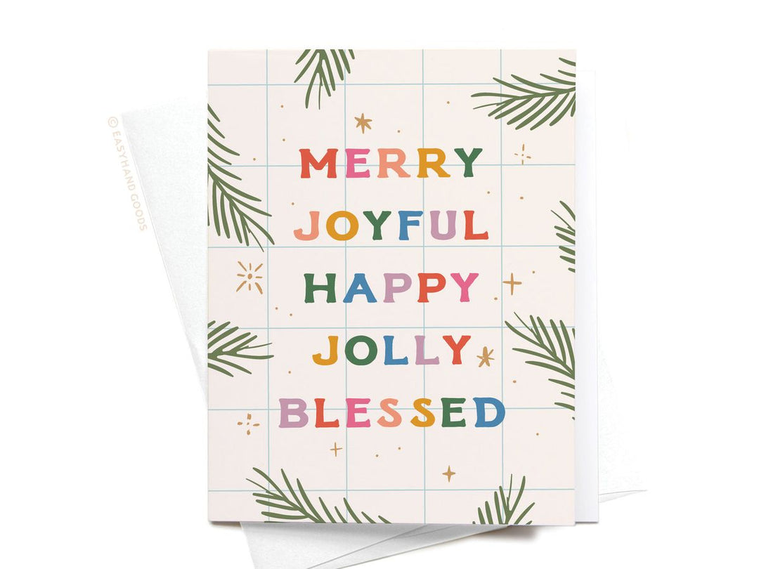 Greeting card with colorful text 'Merry Joyful Happy Jolly Blessed' on a patterned background