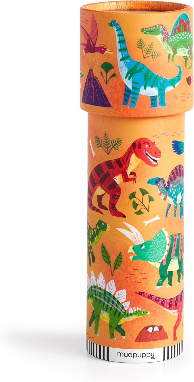 Colorful cylindrical container with dinosaur illustrations on an orange background