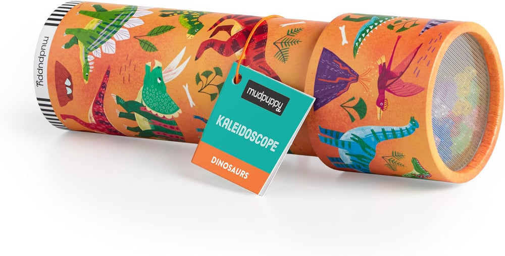 Kaleidoscope with dinosaur design and Mudpuppy branding on a white background