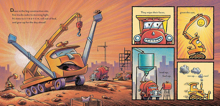 A children's illustrated book or comic-style page showing cartoon construction vehicles and text panels. The main panel features a smiling orange crane truck with a raised arm, with smaller panels showing red cars and construction equipment against a warm orange sky.