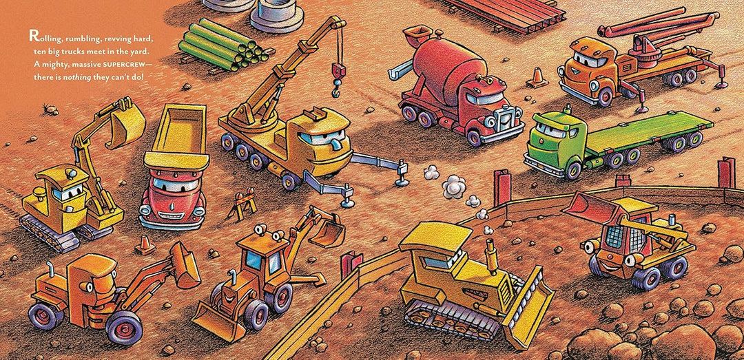 A colorful children's illustration showing a construction site with cartoon vehicles including a cement mixer, dump truck, excavator, bulldozer, and flatbed truck on a brown dirt ground.