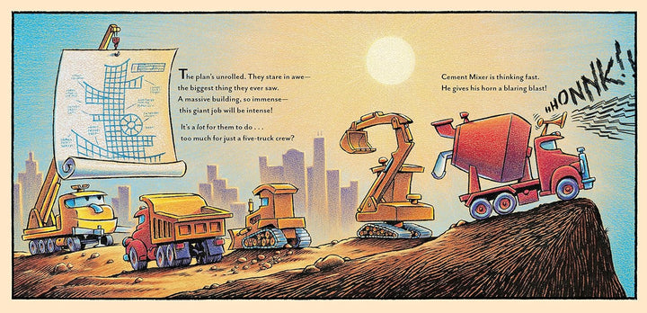 A colorful children's book or comic-style illustration showing construction vehicles at a building site. A blue sky background, a rolled blueprint, and cartoon trucks and excavators are depicted with text bubbles and a large number 3 in the center.