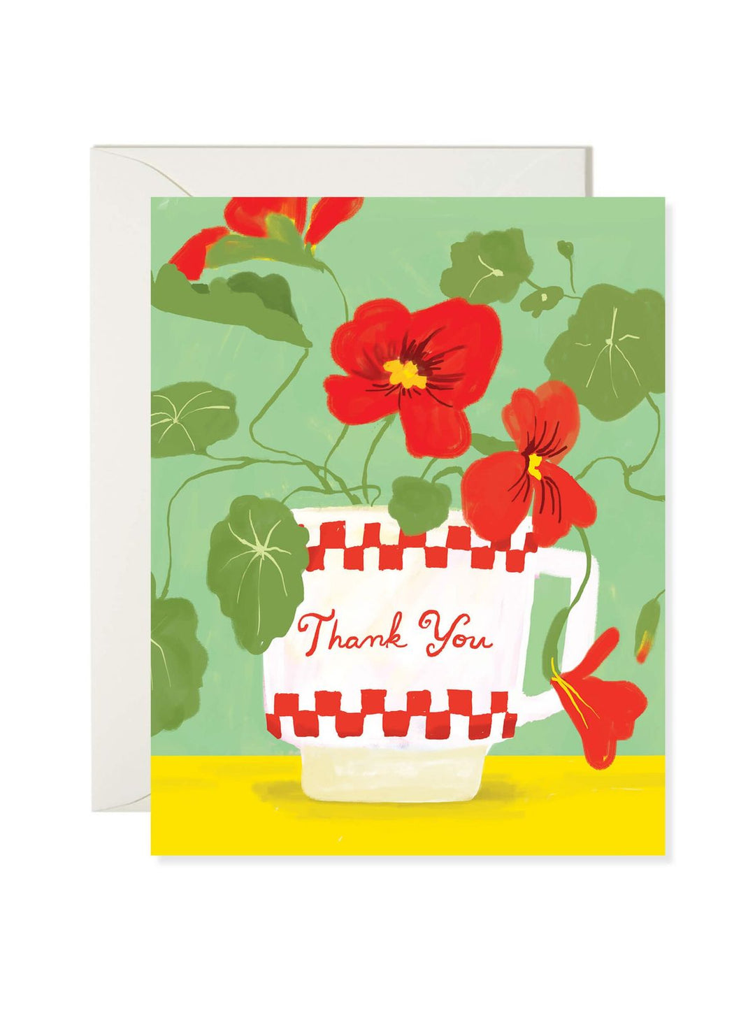 Greeting card with red flowers and a checkered cup on a green background