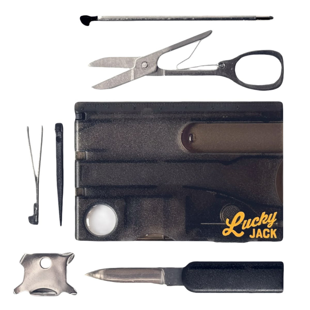 Collection of tools including a knife, scissors, and other small implements on a white background with 'Lucky Jack' branding.
