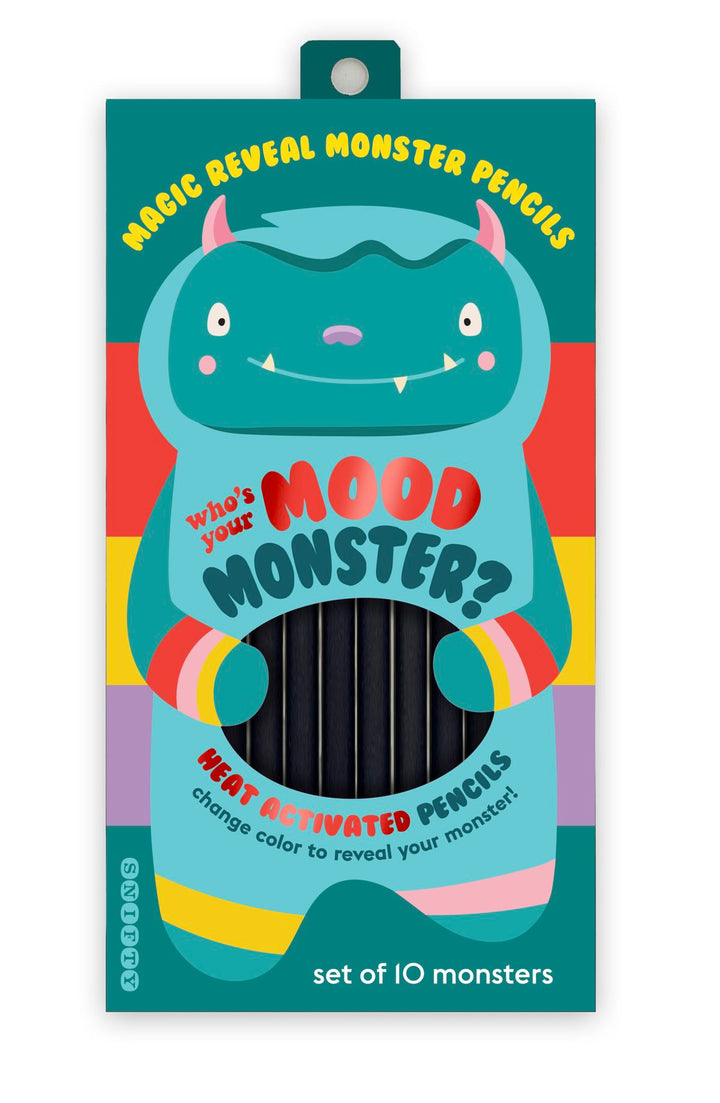 Packaging of 'Mood Monster' pencils with a colorful design on a white background
