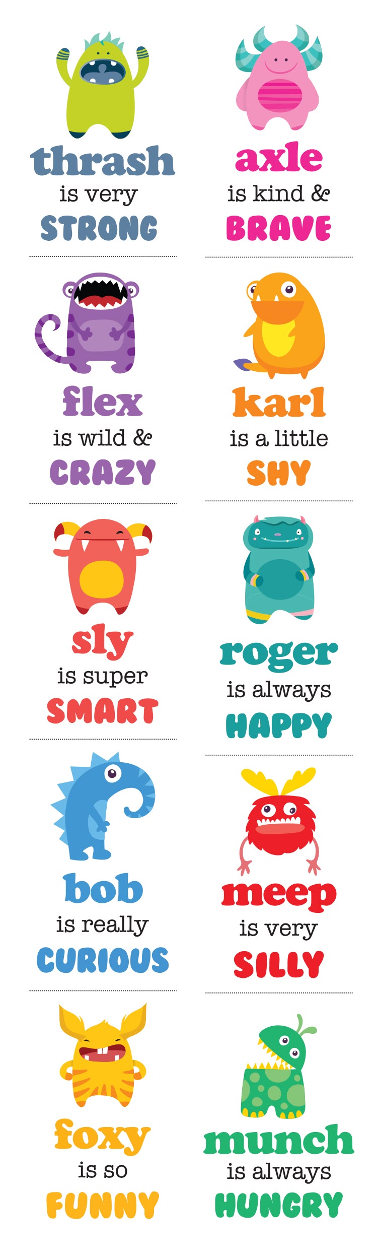 Colorful monster illustrations with descriptive text on a white background