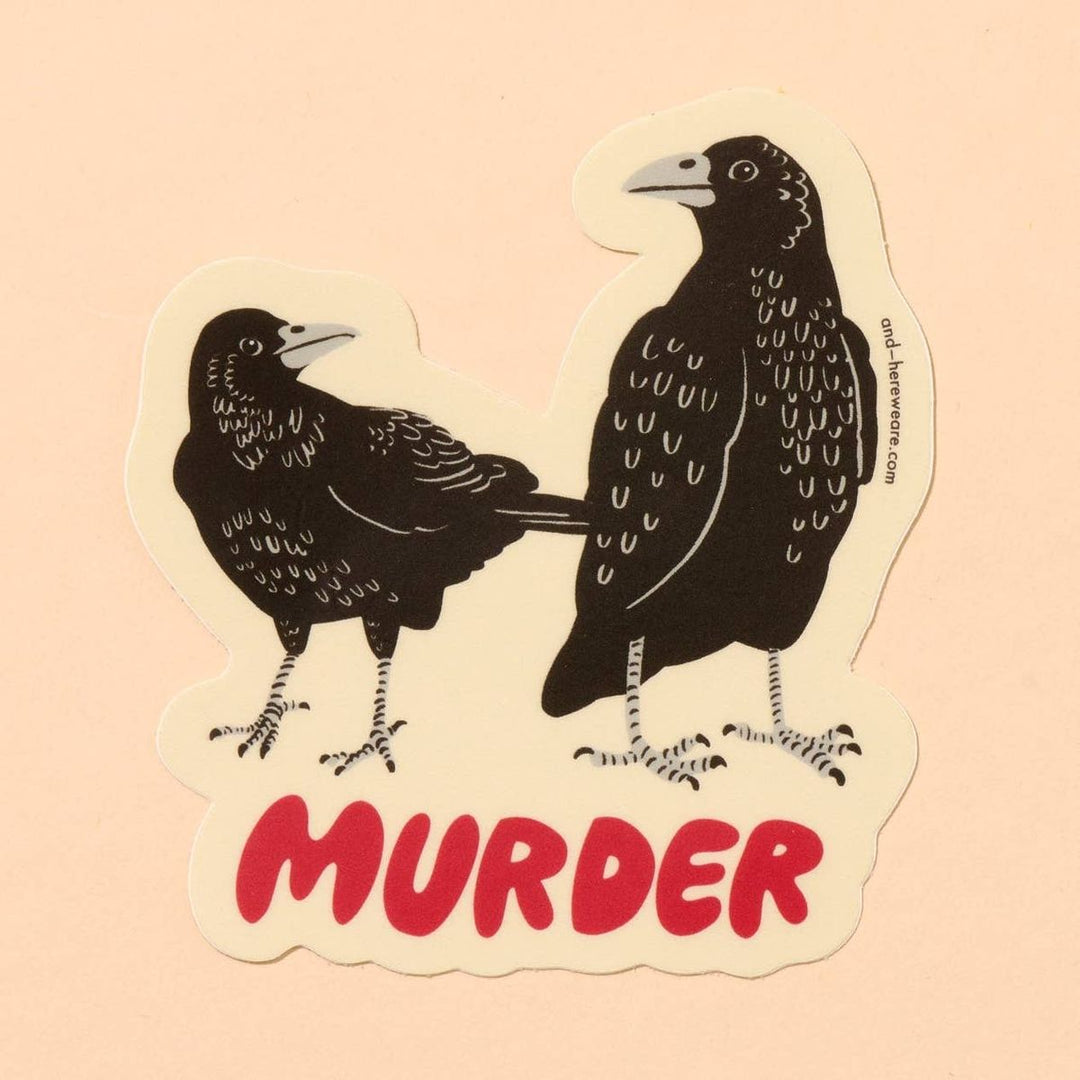 Two black birds with red 'MURDER' text on a beige background