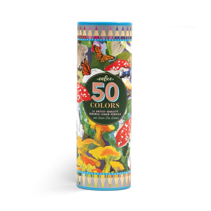Tube of 50 colored pencils with a colorful design on a white background