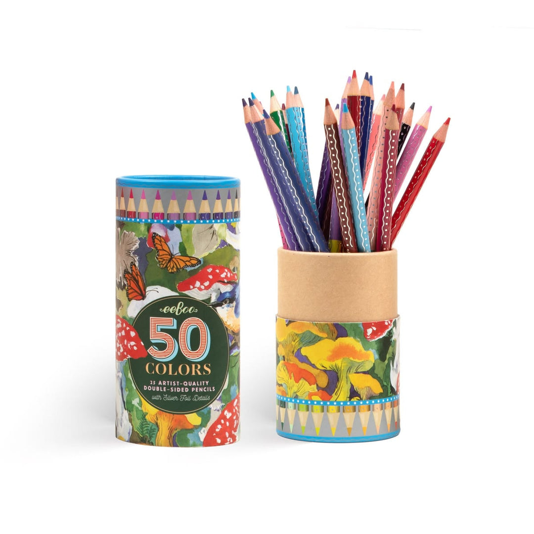 Set of 50 colored pencils in a colorful tin with a floral design on a white background.