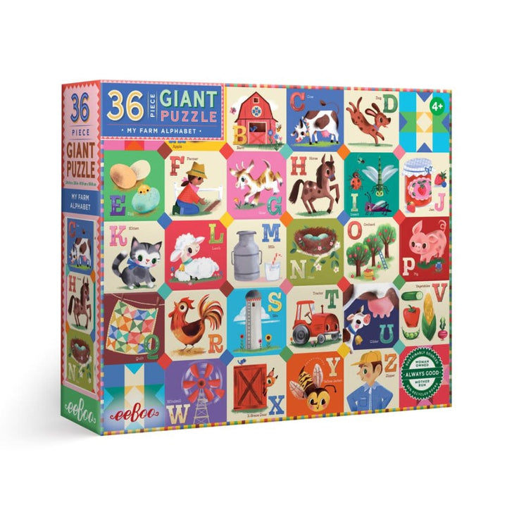 Colorful puzzle box with farm-themed illustrations and letter designs on a white background