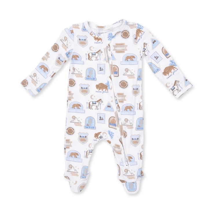 A baby long-sleeve footed sleeper in white, featuring an all-over print of horses, cows, and farm-themed illustrations in light blue and brown.