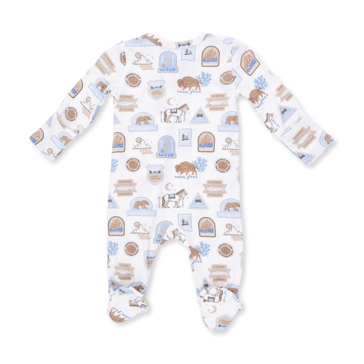 Baby onesie with animal and nature pattern on a white background