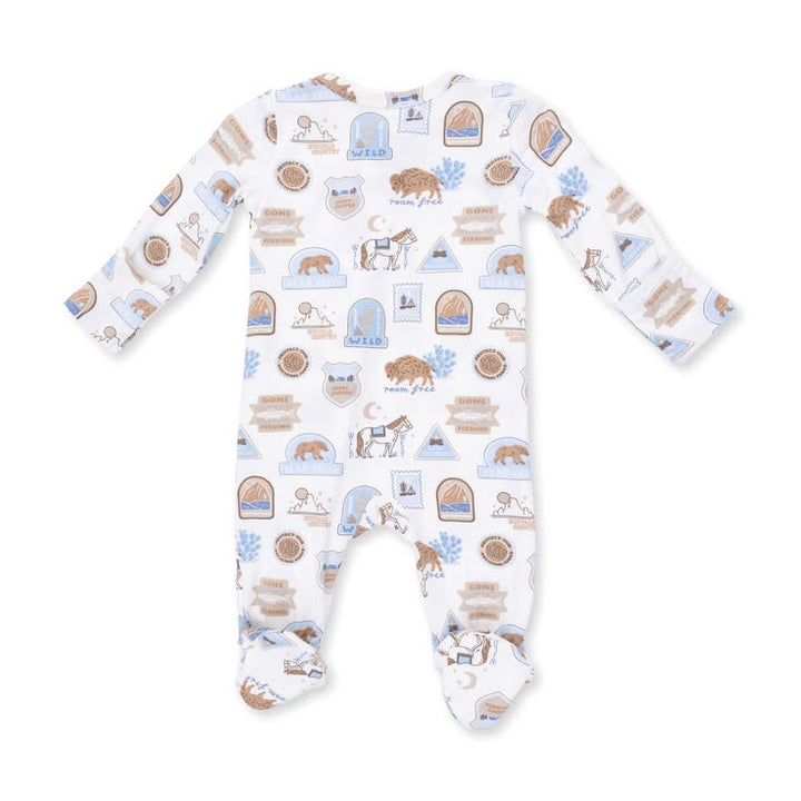Baby onesie with animal and nature pattern on a white background