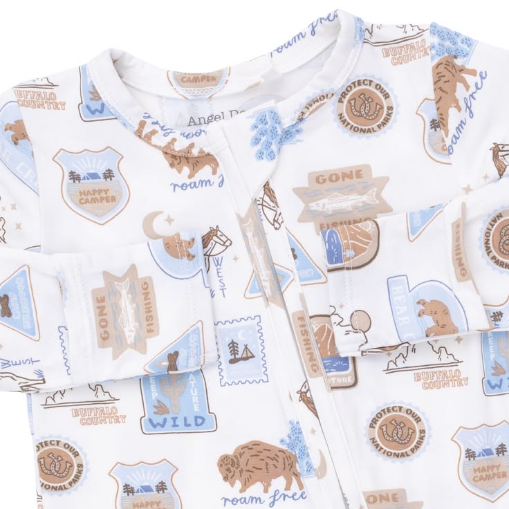 Baby onesies with outdoor-themed graphics and text on a white background