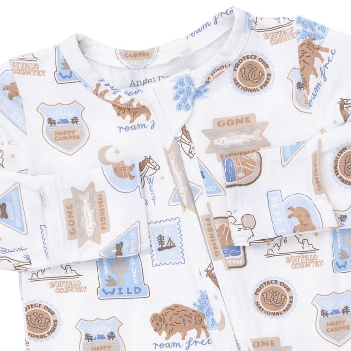 Baby onesies with outdoor-themed graphics and text on a white background