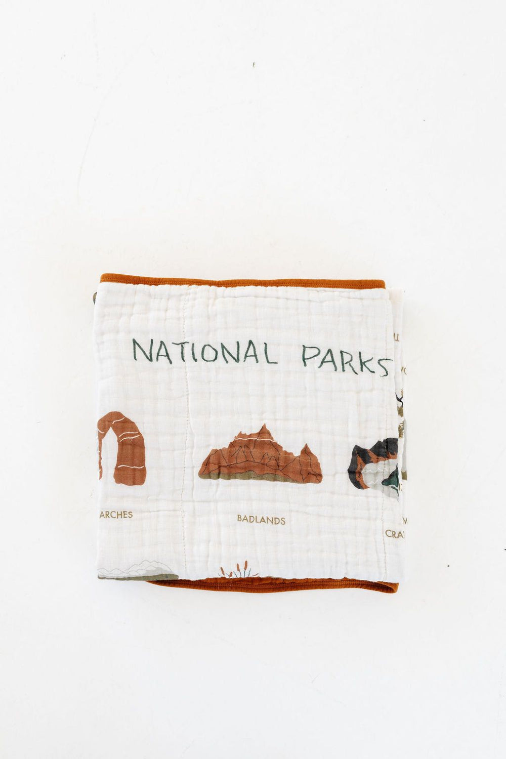 Baby blanket with national park illustrations and text on a white background