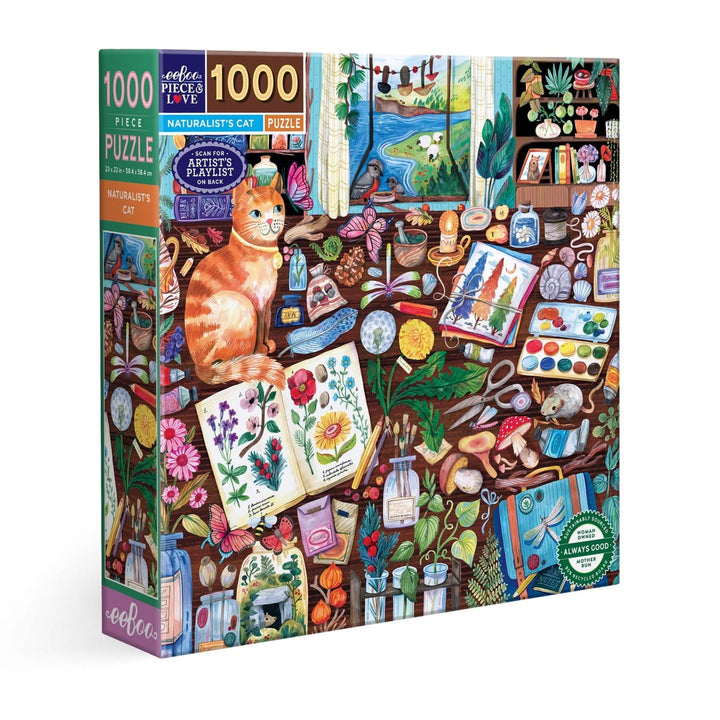 Jigsaw puzzle box with a cat and nature-themed design on a white background