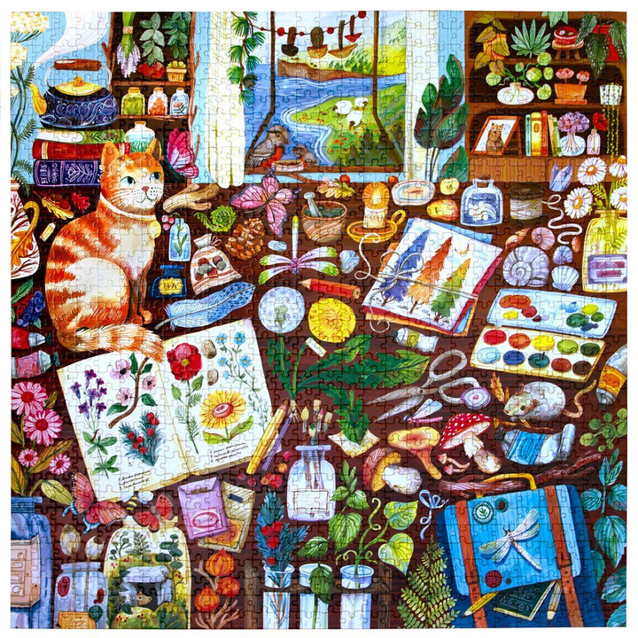 Colorful puzzle with various items including a cat, books, and nature-themed objects.