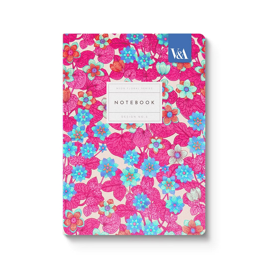 Floral patterned notebook with a visible brand logo on a white background