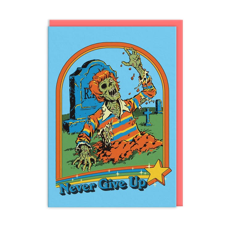 A square greeting card with a light blue front featuring a cartoon zombie rising from a graveyard and the words 'Never Give Up' at the bottom, shown with a pink envelope behind it on a white background.
