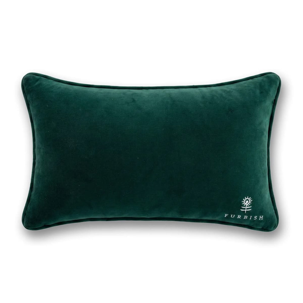 A dark green velvet rectangular lumbar pillow with piped edges and a small white embroidered 'FURBISH' logo in the bottom right corner, shown on a clean white background.