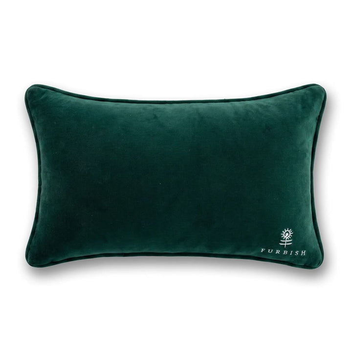 A dark green velvet rectangular lumbar pillow with piped edges and a small white embroidered 'FURBISH' logo in the bottom right corner, shown on a clean white background.