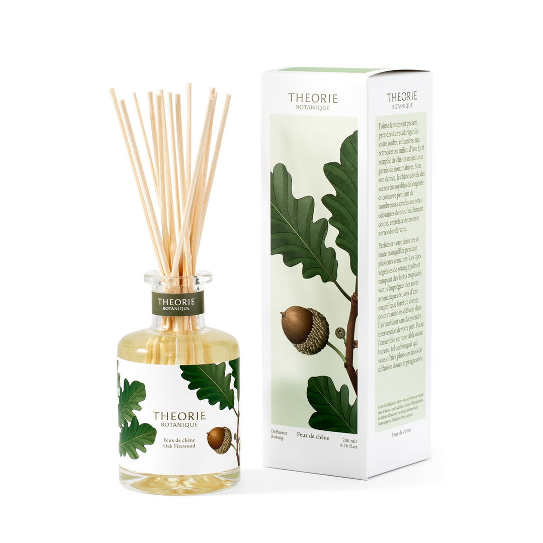 Theorie diffuser bottle and packaging with botanical design on a white background