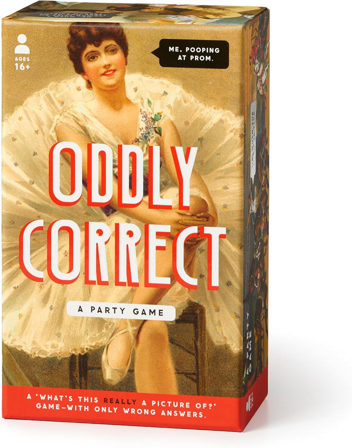 Box of 'Oddly Correct' party game with vintage-style illustration and text.
