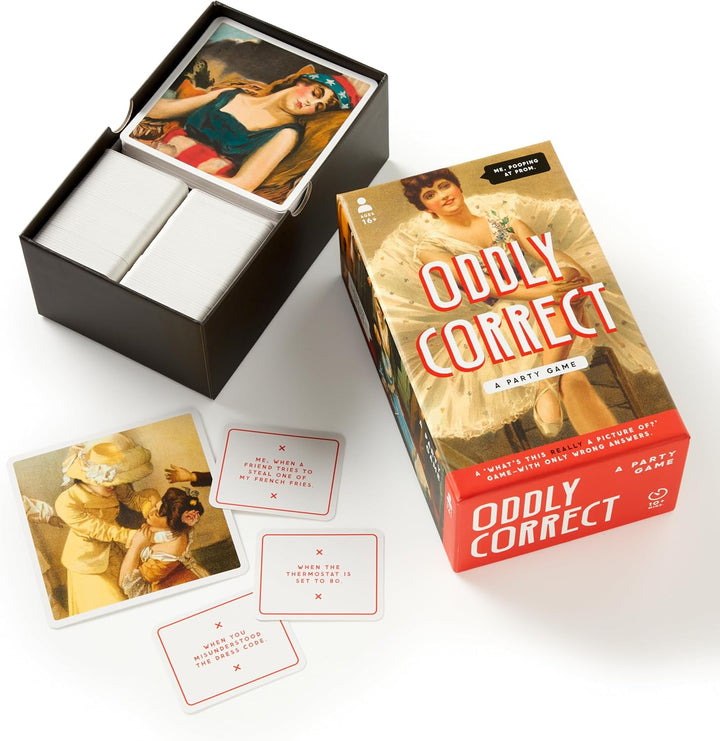 Boxed game titled 'Oddly Correct' with cards on a white background