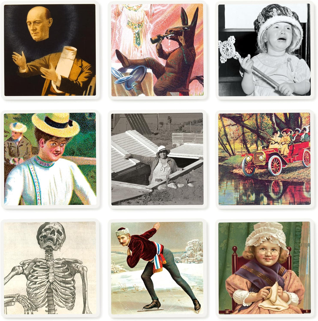 Collage of vintage-style images including a skeleton, a child with a toy car, and other nostalgic scenes.