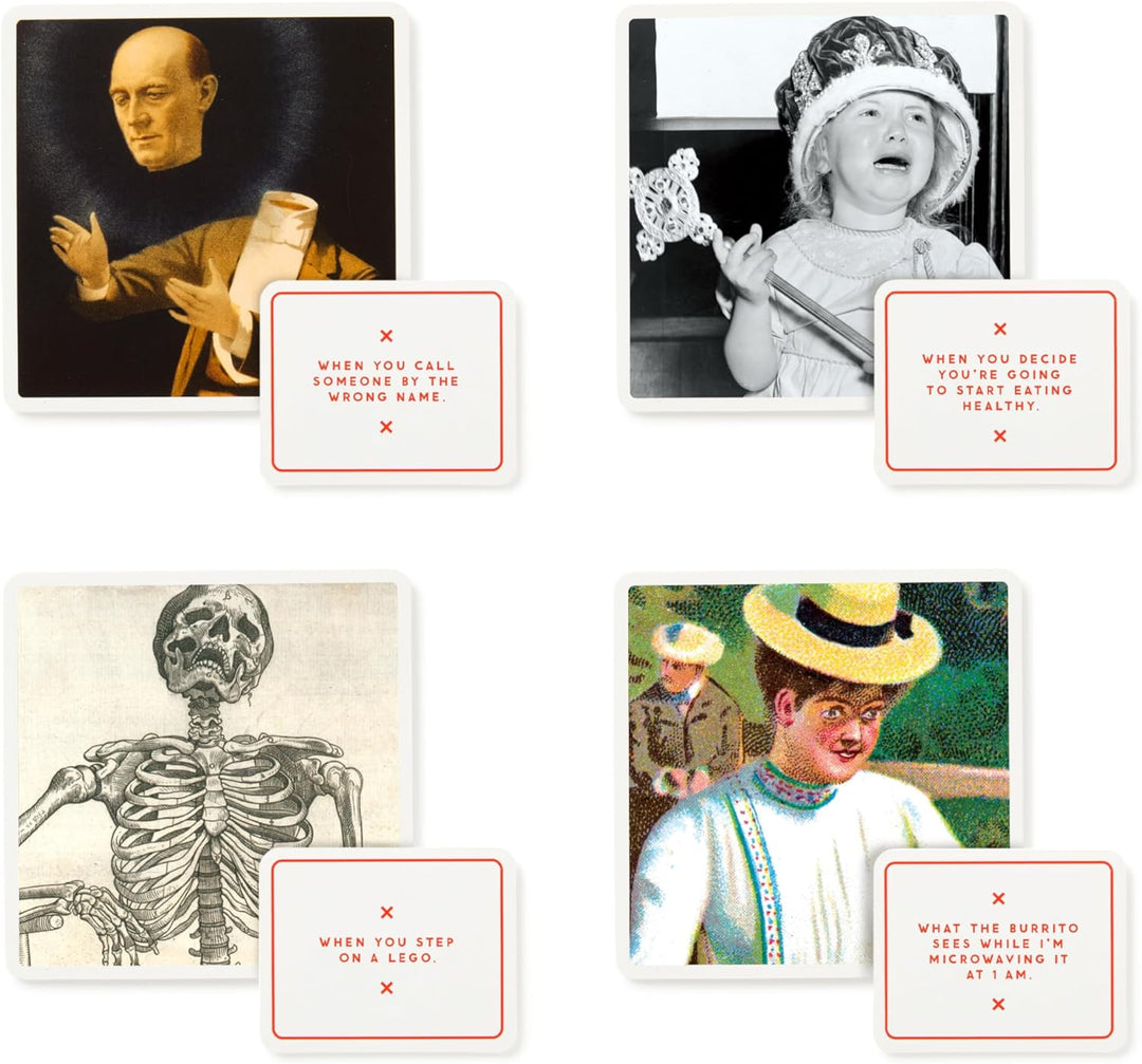 Set of four playing cards with vintage-style illustrations and humorous text on a white background.