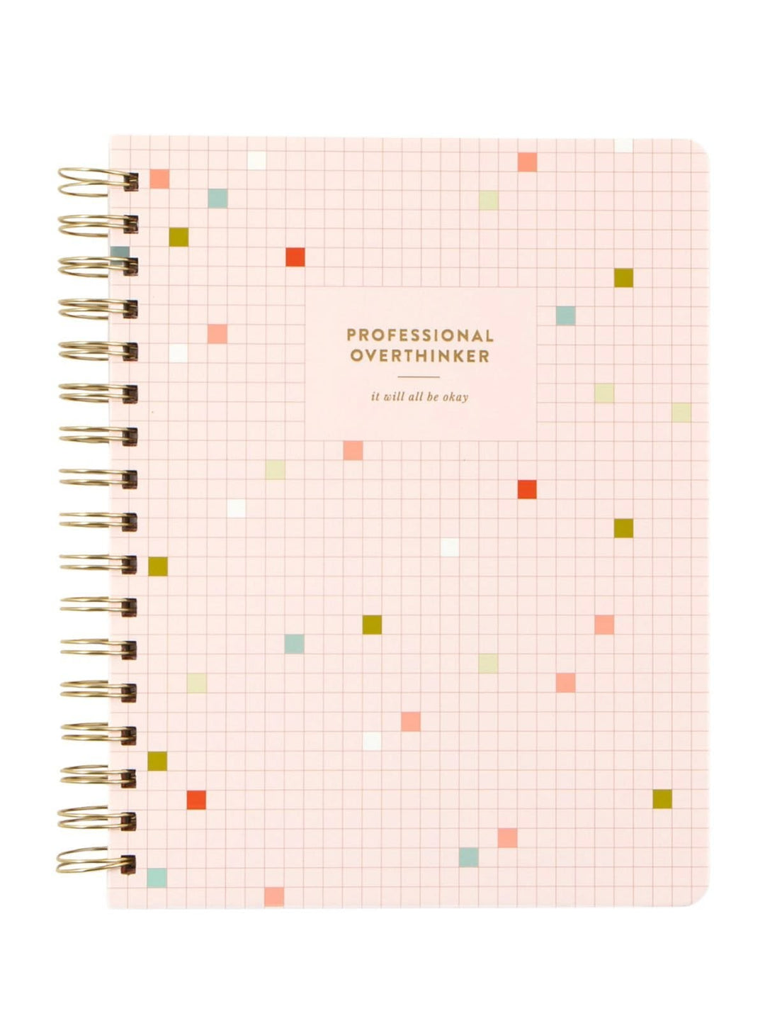 A spiral-bound notebook with a light pink grid cover, featuring small scattered colored squares in red, orange, green, and blue, with the text 'PROFESSIONAL OVERTHINKER' and 'it will all be okay' printed on the front.