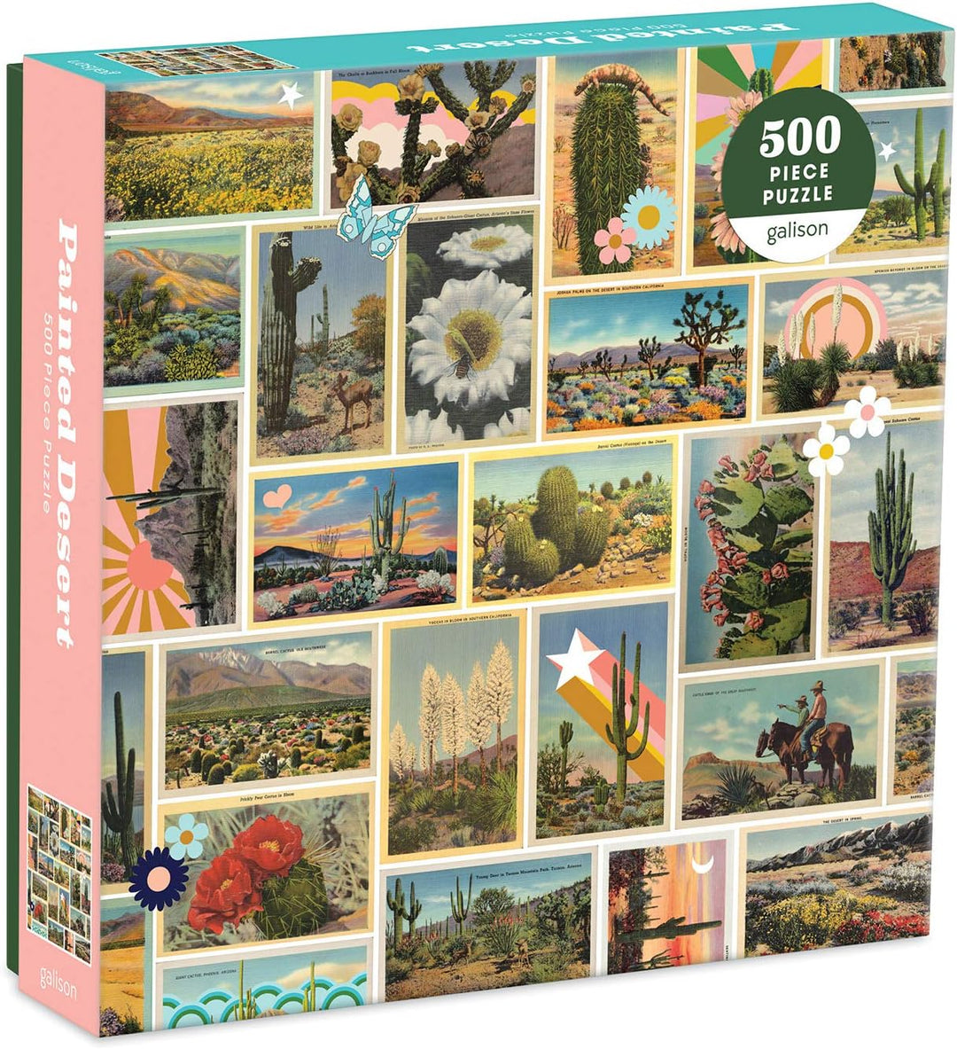 Gallison Painted Desert 500 piece puzzle packaging with desert-themed images.