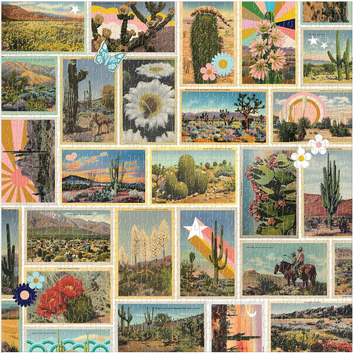 Collage of various desert-themed illustrations including landscapes, cacti, and flowers.