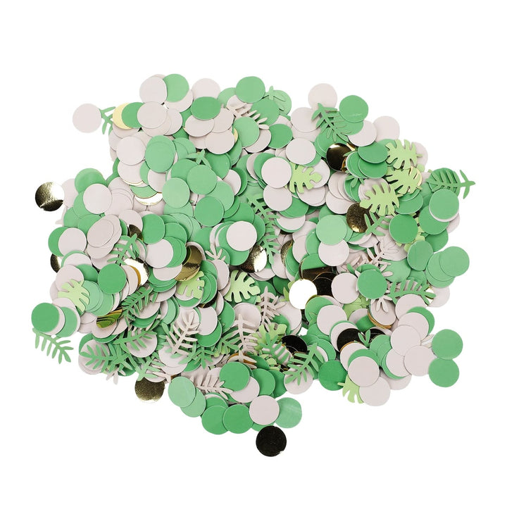 Green and white confetti on a white background
