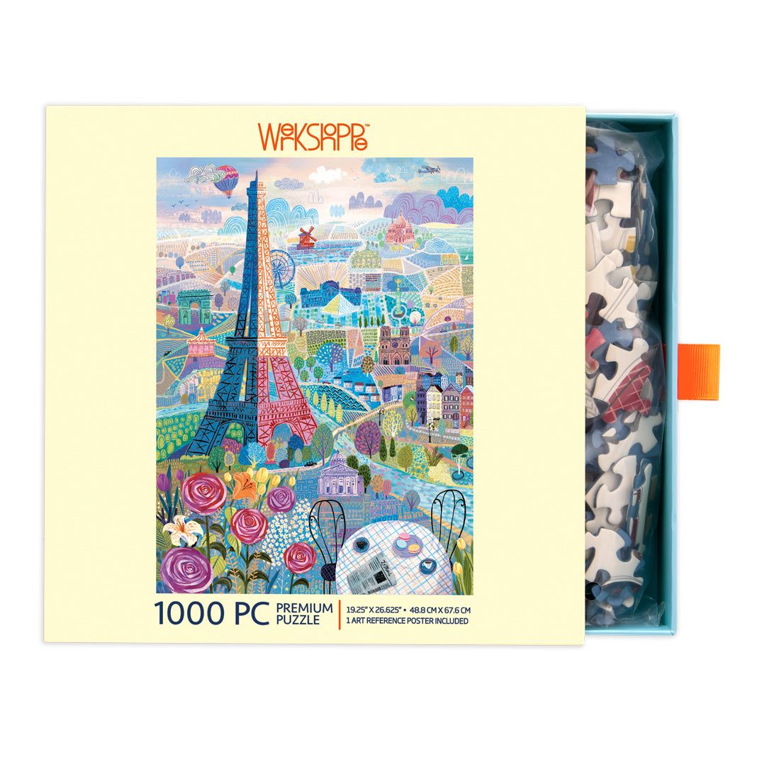 Puzzle box with colorful Paris-themed illustration and 'Wanpapa' branding.