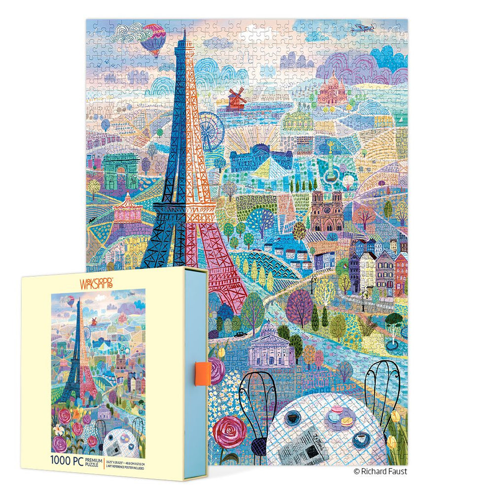 Jigsaw puzzle box with colorful illustration of a cityscape featuring the Eiffel Tower.