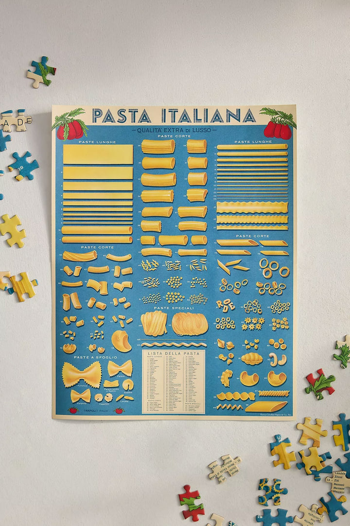 A vintage-style 'Pasta Italiana' poster or print featuring illustrated shapes and names of pasta dishes, displayed on a white surface with scattered colorful jigsaw puzzle pieces around it.