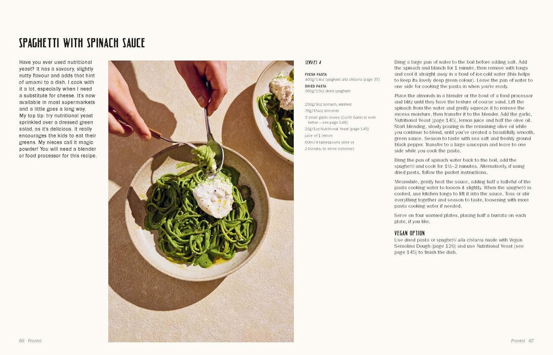 Recipe page for spaghetti with spinach sauce in a magazine or book.